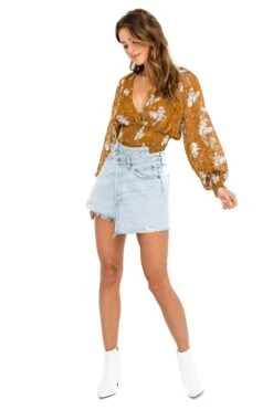 Smocked Wrap Front Floral Top -Dresses Sales Store ACT15366 CARAMEL ORANGE FLORAL 02