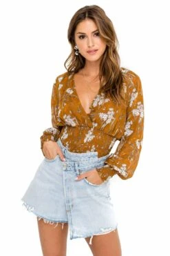 Smocked Wrap Front Floral Top -Dresses Sales Store ACT15366 CARAMEL ORANGE FLORAL 04