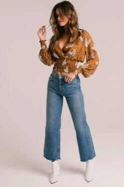 Smocked Wrap Front Floral Top -Dresses Sales Store ACT15366 CARAMEL ORANGE FLORAL 6