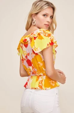 Belize Floral Ruffle Top -Dresses Sales Store ACT16035 YELLOW ORANGE TROPICAL FLORAL 4