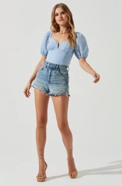 Daydreamer Sweetheart Seersucker Puff Sleeve Top -Dresses Sales Store ACT16733B BLUE 1485