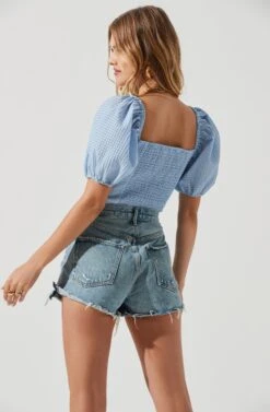 Daydreamer Sweetheart Seersucker Puff Sleeve Top -Dresses Sales Store ACT16733B BLUE 1500