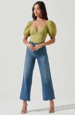 Daydreamer Sweetheart Seersucker Puff Sleeve Top -Dresses Sales Store ACT16733B GREEN 1529