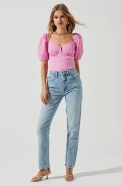 Daydreamer Sweetheart Seersucker Puff Sleeve Top -Dresses Sales Store ACT16733B PINK 1103