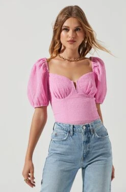 Daydreamer Sweetheart Seersucker Puff Sleeve Top