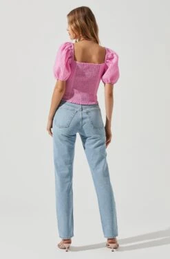 Daydreamer Sweetheart Seersucker Puff Sleeve Top -Dresses Sales Store ACT16733B PINK 1112