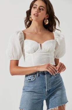 Daydreamer Sweetheart Seersucker Puff Sleeve Top -Dresses Sales Store ACT16733B WHITE 1643