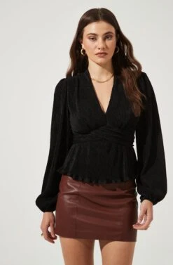 Sharon Long Sleeve Pleated Peplum Top