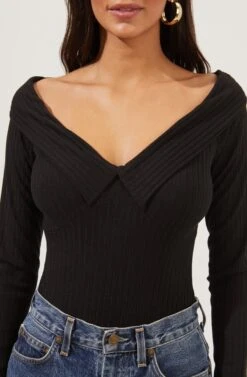 Nola Deep V Neck Ribbed Long Sleeve Bodysuit -Dresses Sales Store ACT16848 BLACK 3
