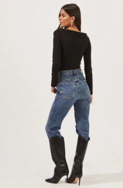 Nola Deep V Neck Ribbed Long Sleeve Bodysuit -Dresses Sales Store ACT16848 BLACK 4