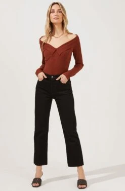 Nola Deep V Neck Ribbed Long Sleeve Bodysuit -Dresses Sales Store ACT16848 RUST 1