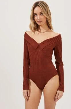 Nola Deep V Neck Ribbed Long Sleeve Bodysuit -Dresses Sales Store ACT16848 RUST 6