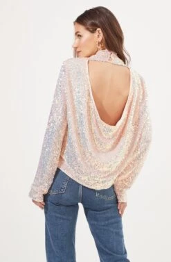 Lia Sequin Backless Mock Neck Top