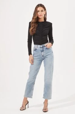 Hollis Ruched Long Sleeve Padded Shoulder Bodysuit -Dresses Sales Store ACT16885 BLACK 1