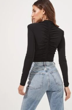 Hollis Ruched Long Sleeve Padded Shoulder Bodysuit -Dresses Sales Store ACT16885 BLACK 5