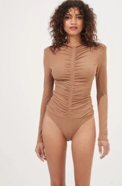 Hollis Ruched Long Sleeve Padded Shoulder Bodysuit -Dresses Sales Store ACT16885 CAPPUCCINO 6