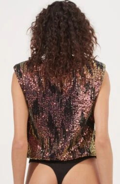 Hollywood Sequin Padded Shoulder Sleeveless Bodysuit -Dresses Sales Store ACT16905 BLACK PINKMULTI 6