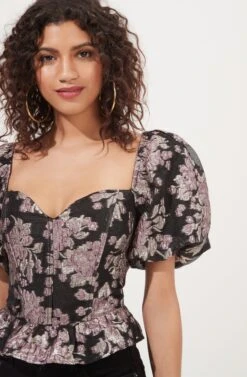 Sidney Floral Puff Sleeve Corset Top -Dresses Sales Store ACT16914 BLACK LILACFLORAL 3