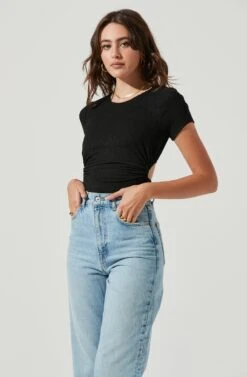 Charlize Cutout Short Sleeve Crinkle Bodysuit -Dresses Sales Store ACT16973 BLACK 2