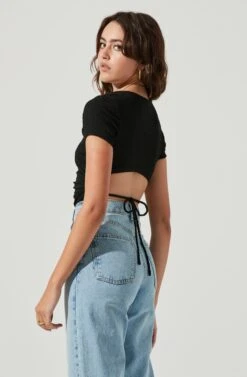 Charlize Cutout Short Sleeve Crinkle Bodysuit -Dresses Sales Store ACT16973 BLACK 4