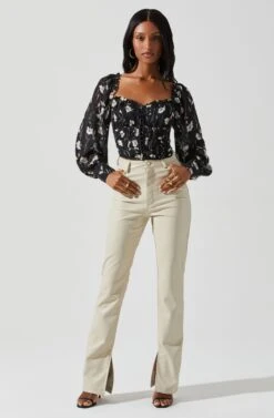 Amber Long Sleeve Ruched Sweetheart Neck Top -Dresses Sales Store ACT17014 BLACKFLORAL 2