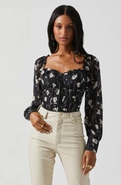 Amber Long Sleeve Ruched Sweetheart Neck Top -Dresses Sales Store ACT17014 BLACKFLORAL 3