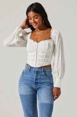 Amber Shirred Hook And Eye Long Sleeve Top -Dresses Sales Store ACT17014 OFFWHITE 2