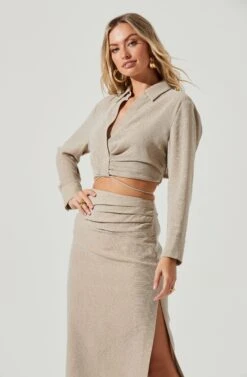 Perry Collared Long Sleeve Tie Waist Crop Top