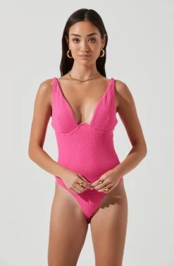 Jax Ribbed Knit Plunge Neck Bodysuit -Dresses Sales Store ACT17070 HOTPINK 1296
