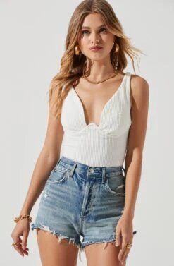 Jax Ribbed Knit Plunge Neck Bodysuit -Dresses Sales Store ACT17070 WHITE 1354
