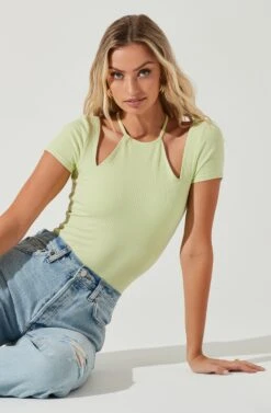 Reedley Halter Neck Cutout Short Sleeve Bodysuit -Dresses Sales Store ACT17107 LIGHTGREEN 4