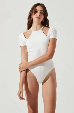 Reedley Halter Neck Cutout Short Sleeve Bodysuit -Dresses Sales Store ACT17107 WHITE 5