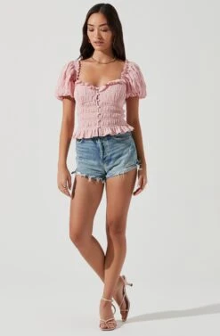 Anza Smocked Puff Sleeve Top -Dresses Sales Store ACT17148 PINK 1042