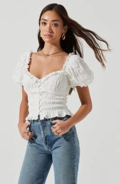 Anza Smocked Puff Sleeve Top -Dresses Sales Store ACT17148 WHITE 1224