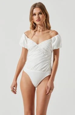 Rayne Ruched Off Shoulder Puff Sleeve Bodysuit -Dresses Sales Store ACT17152 WHITE 1631