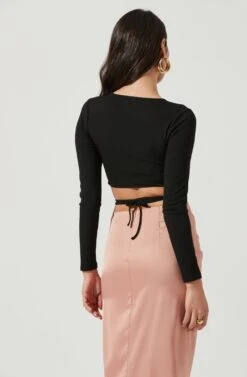 Elania Tie Waist Long Sleeve Top -Dresses Sales Store ACT17169 BLACK 4