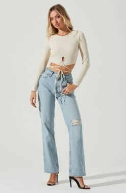 Elania Tie Waist Long Sleeve Top -Dresses Sales Store ACT17169 BONE 1