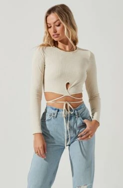 Elania Tie Waist Long Sleeve Top -Dresses Sales Store ACT17169 BONE 2