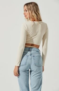 Elania Tie Waist Long Sleeve Top -Dresses Sales Store ACT17169 BONE 4