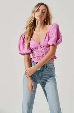 Forever Yours Lace Trimmed Puff Sleeve Top -Dresses Sales Store ACT17215 PINKORCHID 1709