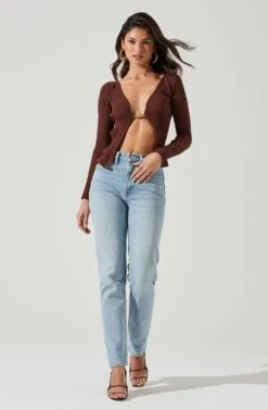 Angelique Ribbed Knit Chain Detail Cardigan -Dresses Sales Store ACT17337 BROWN 0091