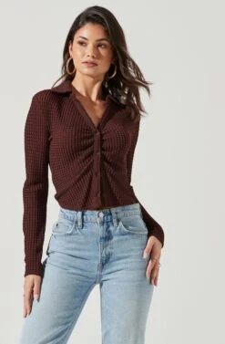 Lamora Waffle Knit Ruched Button Down Top 20 Lamora Waffle Knit Ruched Button Down Top -Dresses Sales Store ACT17338 BROWN 0226 5