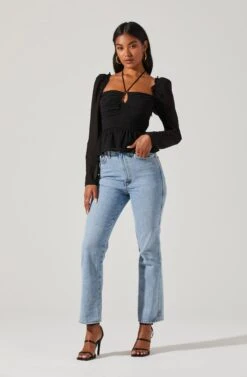 Toni Ruched Halter Long Sleeve Peplum Top -Dresses Sales Store ACT17339 BLACK 1