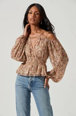 Hart Floral Cold Shoulder Cutout Peplum Top -Dresses Sales Store ACT17349 OLIVEPEACHFLORAL 0092