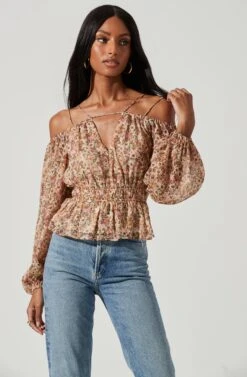 Hart Floral Cold Shoulder Cutout Peplum Top -Dresses Sales Store ACT17349 OLIVEPEACHFLORAL 0094