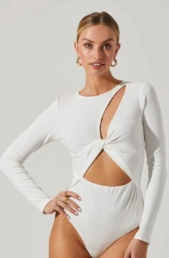 Rima Cutout Knot Front Bodysuit -Dresses Sales Store ACT17538 WHITE 3