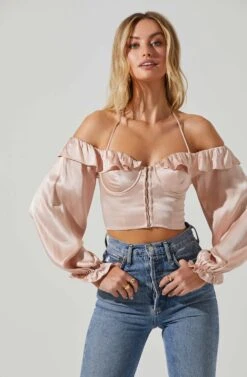 Allison Off Shoulder Halter Long Sleeve Top -Dresses Sales Store ACT17563 BLUSH 2