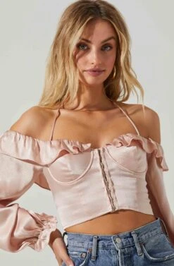 Allison Off Shoulder Halter Long Sleeve Top -Dresses Sales Store ACT17563 BLUSH 3