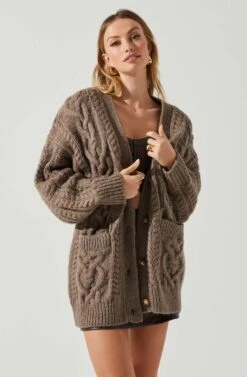 Charli Cable Knit Oversized Cardigan Sweater -Dresses Sales Store ACT17626 MOCHA 3