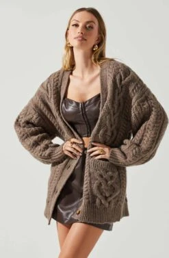 Charli Cable Knit Oversized Cardigan Sweater -Dresses Sales Store ACT17626 MOCHA 4